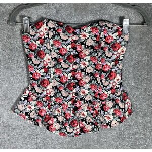 Zinga Top Womens Sz S Floral Strapless Smocked Back Peplum Hem Structured Corset